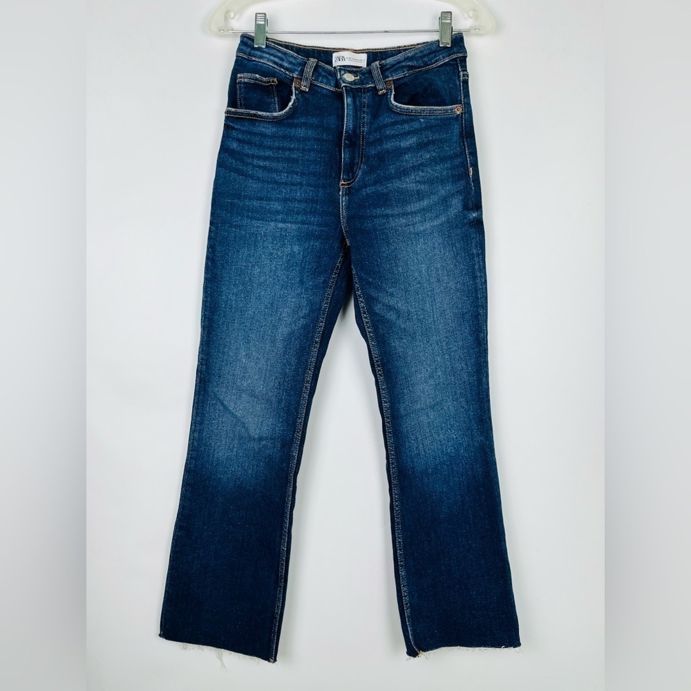 Zara High Rise Dark Wash Ankle Jeans Raw Hem